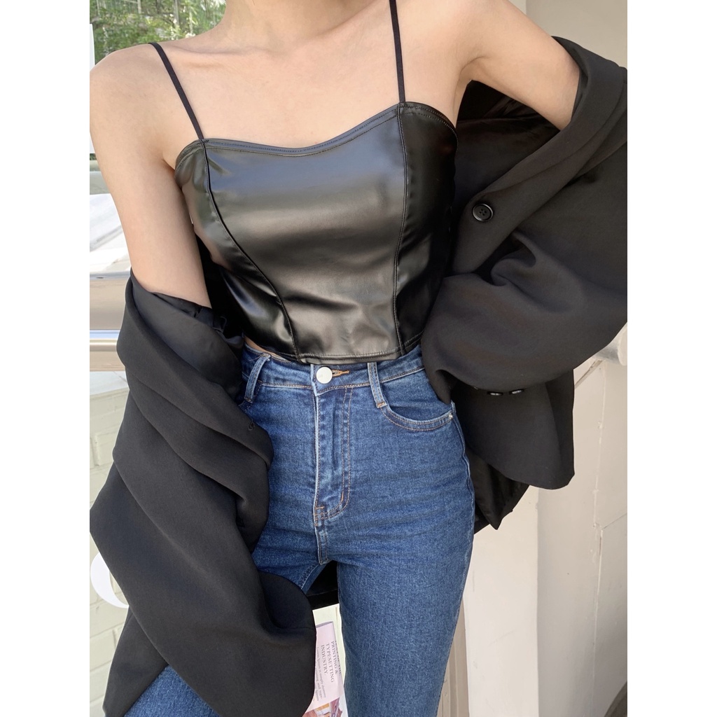 DUNEA Áo ống bằng da PU có đệm ngực gợi cảm dành cho nữ