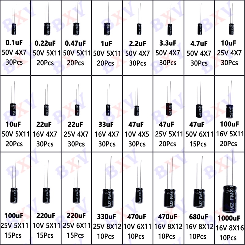 Hộp 500 Tụ Điện Phân Bằng Nhôm 0.1UF-1000UF 24Values 16-50V