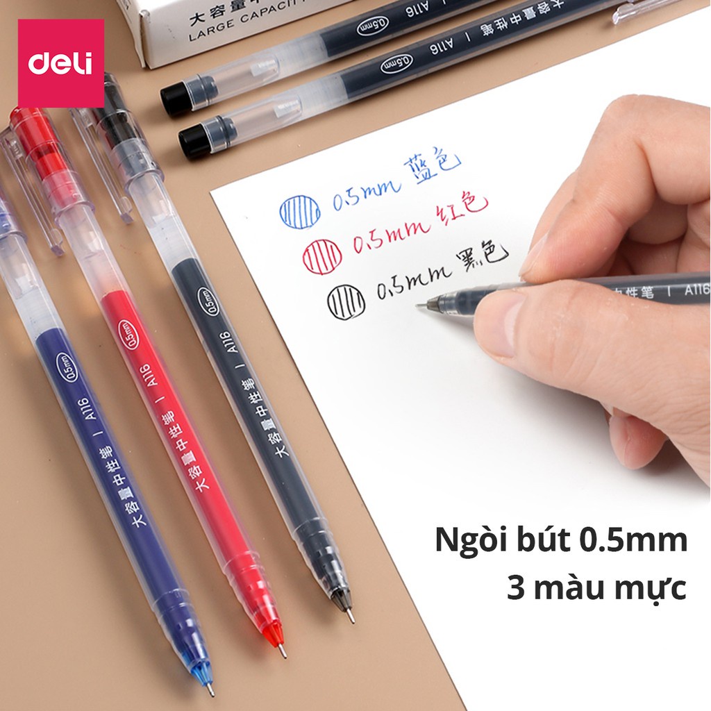 Bút gel mực nước văn phòng 0.5mm Deli ba màu xanh đen đỏ nhanh khô viết đều trơn tru lâu hết mực chất lượng cao - A116