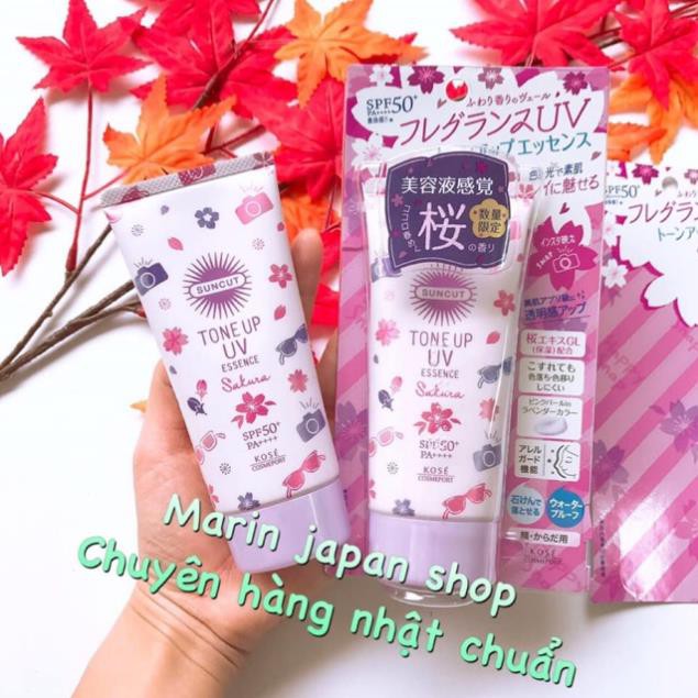 Kem chống nắng hoa anh đào Sakura Kose Tone Up UV Essence giúp nâng tone màu tím 2020