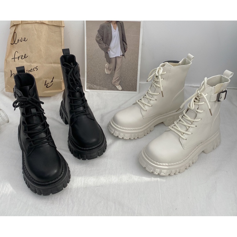 Giày Boots Nữ Boot Cổ Cao Thắt Dây Không Khóa Kéo Đế cao 6CM