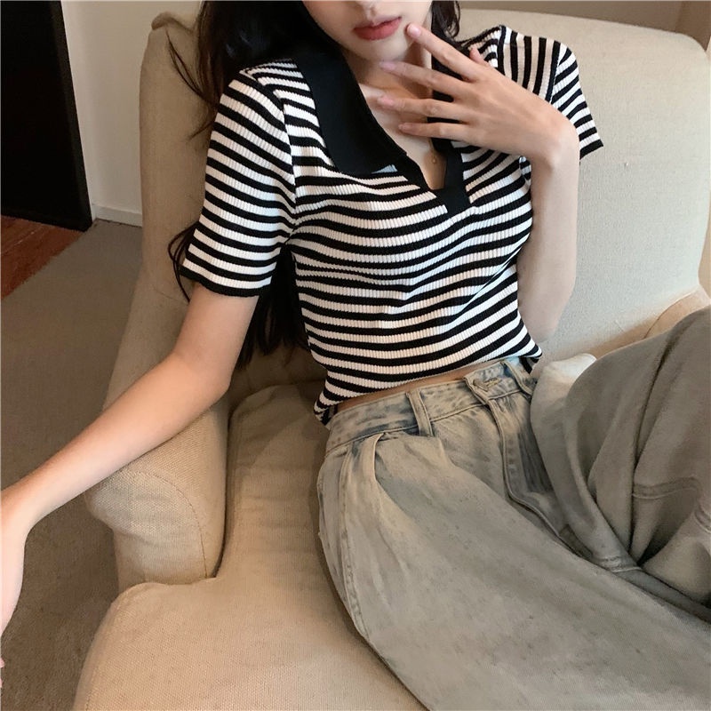 Áo thun BH tay ngắn họa tiết kẻ sọc thiết kế mới thời trang mùa hè theo phong cách Hàn Quốc cho nữ