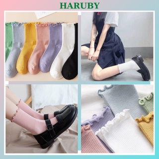 Tất nữ bèo nhún cổ cao, vớ bèo nhún màu trơn thời trang Vintage Hàn Quốc