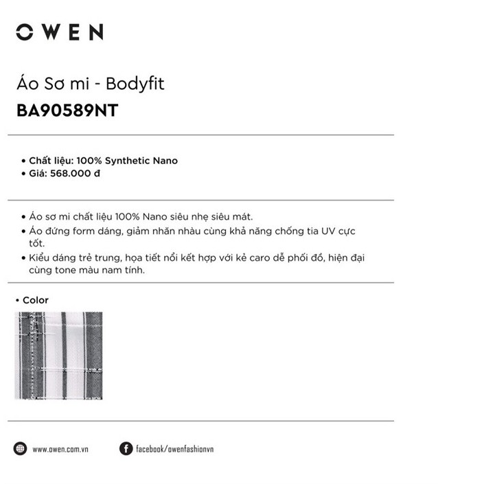 OWEN - Áo sơ mi ngắn tay Owen body fit kẻ xám 90589