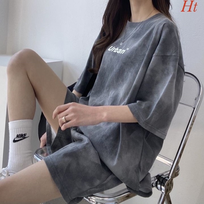 [FREESHIP siêu hot] Bộ loang cotton su mài urban chất chơi hết nấc tay lỡ,form rộng nam nữ.Tặng dây cột tóc xinh