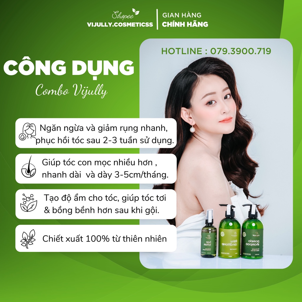 Combo Gội bưởi,Xịt bưởi,Dầu Xả dừa hoa cúc Vijully Chính Hãng giảm rụng tóc và giúp mọc tóc nhanh dài, phục hồi tóc hư t