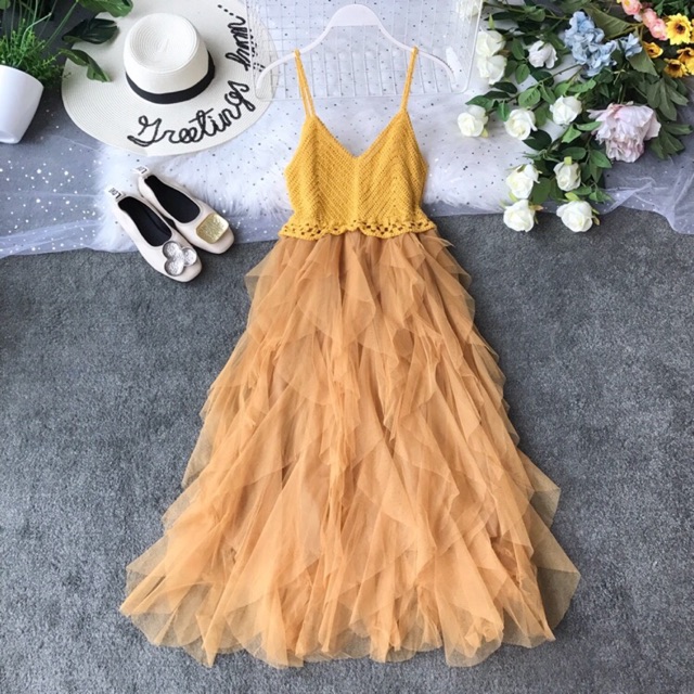 Váy hai dây 2 dây len đan phối voan xếp tầng dáng dài xoè maxi