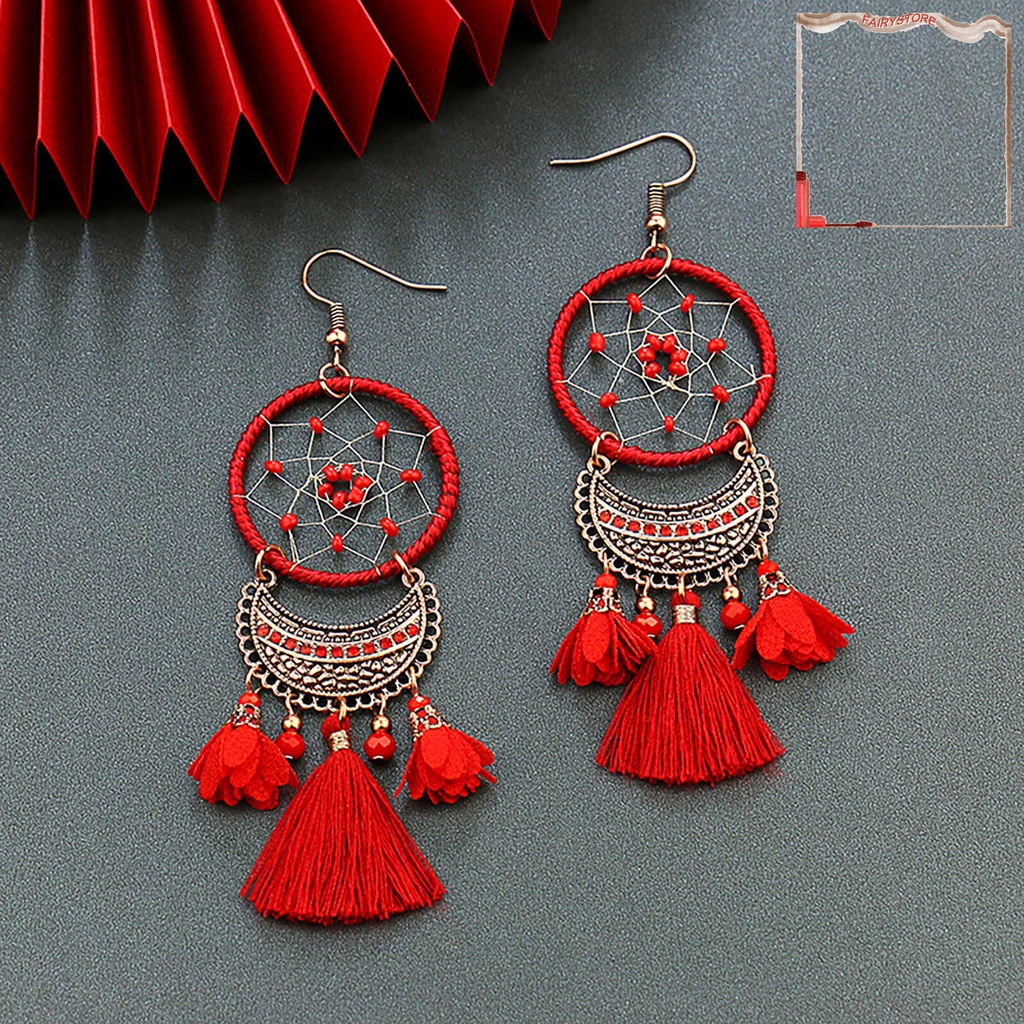 Bông Tai Tua Rua Dáng Dài Màu Đỏ Thời Trang Sang Trọng Cho Nữ