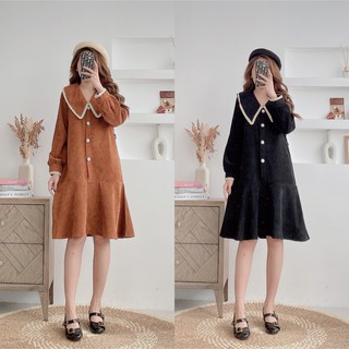 Váy suông nhung cổ bẻ phối ren, đầm xuông đuôi cá tay dài bo phồng 3 màu đen, nâu, đỏ mã V52 - Michi's House