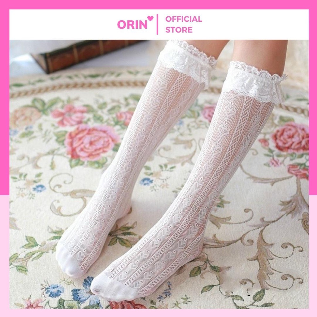 Vớ cao ngang gối kiểu ren xuyên thấu họa tiết hoa trái tim đính nơ nhiều màu sắc cho nữ làm trang phục hoá trang TR-001