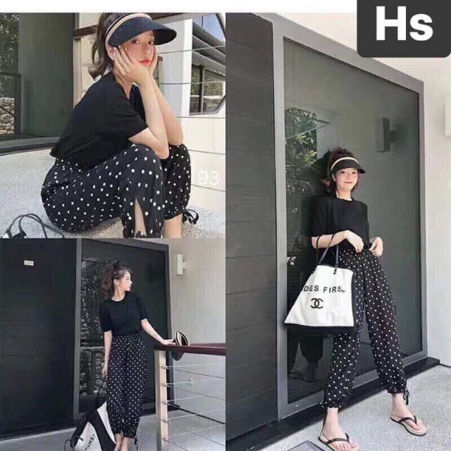 Set áo trơn quần chấm bi nơ ống_HS7729