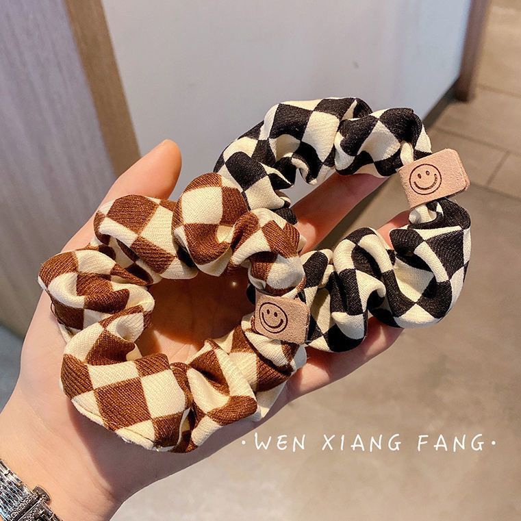 Dây Buộc Tóc Họa Tiết Caro Trắng Đen Mặt Cười Thời Trang Phong Cách Hàn Quốc