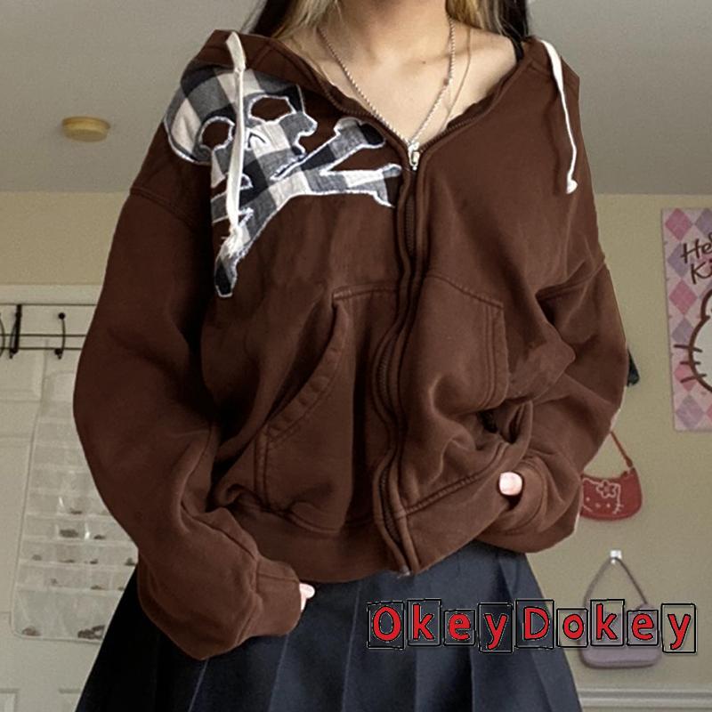 Áo Khoác Hoodie Có Khóa Kéo Họa Tiết Đầu Lâu Sọc Caro Phong Cách Gothic Cổ Điển OKDK-Y2K