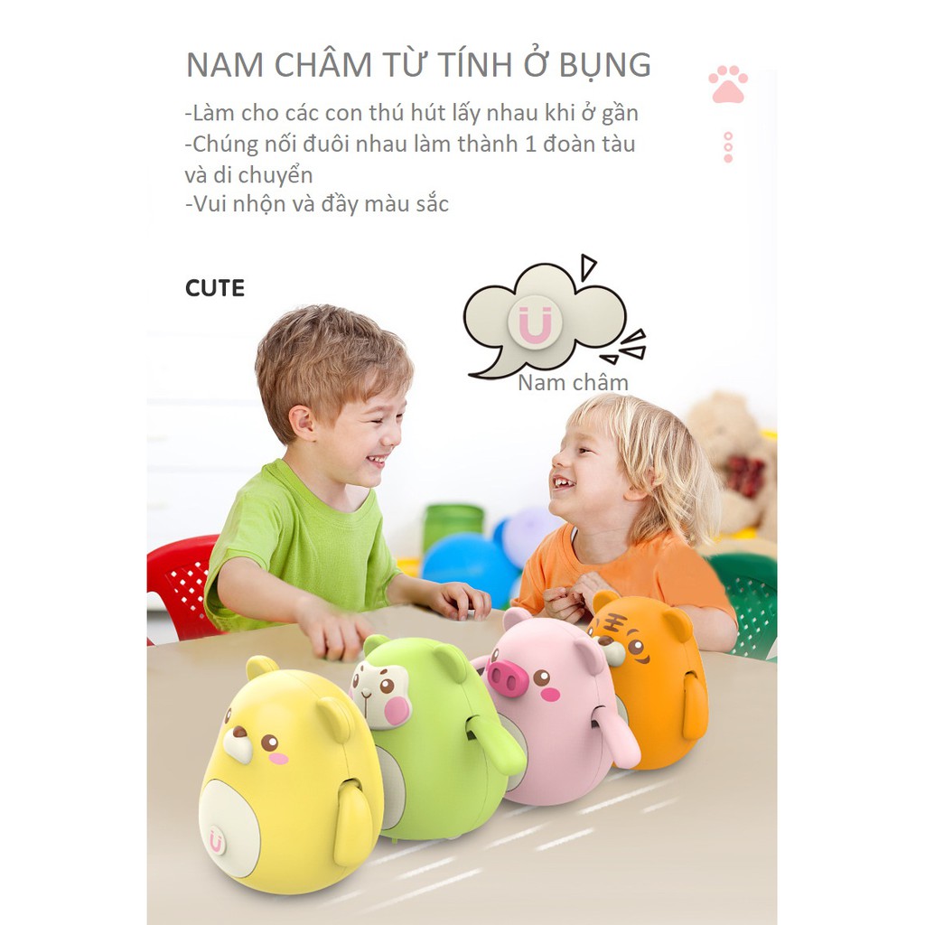 Thú nam châm đi bộ thành hàng nối đuôi nhau, xoay 360 độ và dang 2 tay, bụng bự đi lắc lư vui nhộn