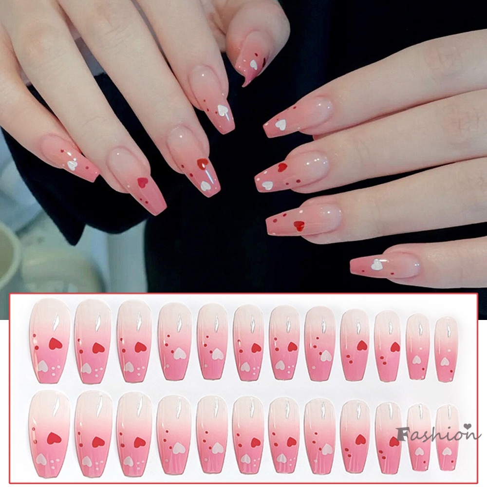 Bộ 24 Móng Tay Giả Dáng Dài Màu Đỏ Kèm Thạch Có Thể Tháo Rời Dùng Trang Trí Móng Tay