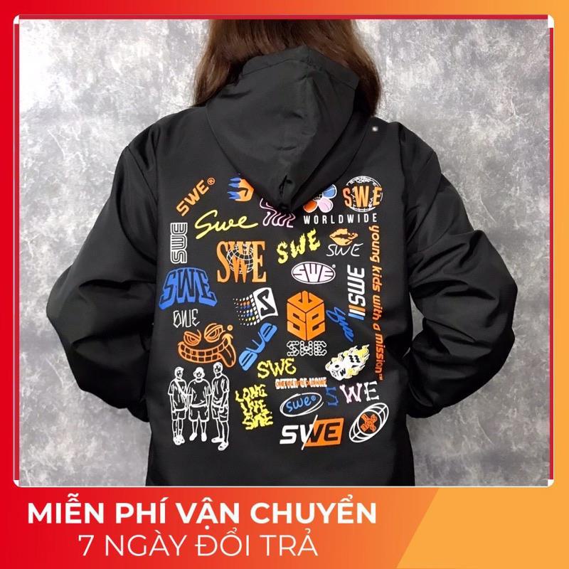 Áo khoác dù nam nữ 2 lớp áo gió in hình chữ Swe có nón khoá kéo chống nắng phong cách Hàn Quốc TA 8777