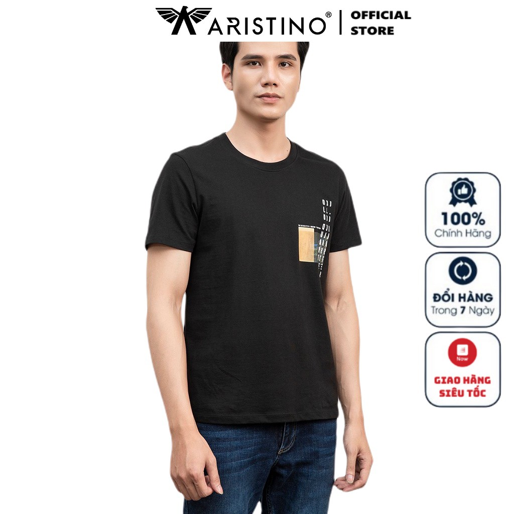 Áo Thun Nam Tay Ngắn Không Cổ Aristino ATS003S1 Màu Đen 9 In Họa Tiết Dáng Regular Fit Cổ Tròn Vải Cotton Mịn Mát