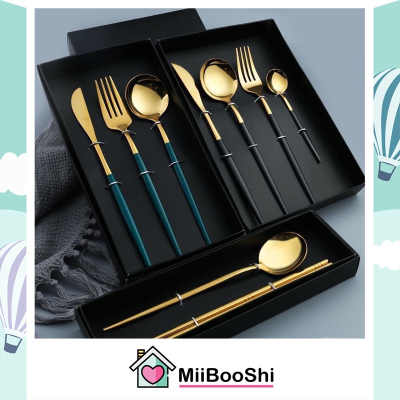 Set 4 món thìa dao dĩa inox dụng cụ ăn cá nhân mạ vàng cao cấp phong cách hoàng gia MiibooShi D2.074.HO