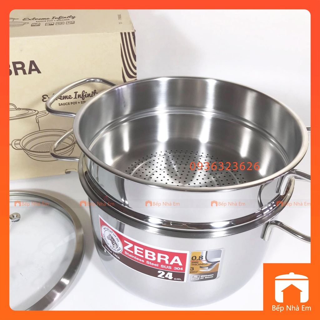 Bộ Nồi Xửng Hấp ZEBRA 3 Đáy Nắp Kính Extreme Infinity 24cm 6.2L (Inox 304) - 163640 - Hàng Nhập Khẩu Thái Lan