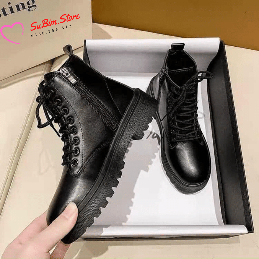 Boots Nữ Uzzang Buộc Dây Chiến Binh Khoá Cạnh– SuBim.Store – Chất da mềm, Khoá cạnh tiện tợi, đế răng cưa 3p