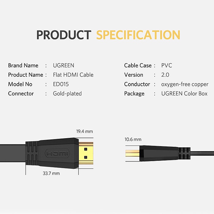 Cáp hdmi 2.0 dẹt dài 5m Ugreen 50821 hỗ trợ 4K cao cấp - Hàng chính hãng