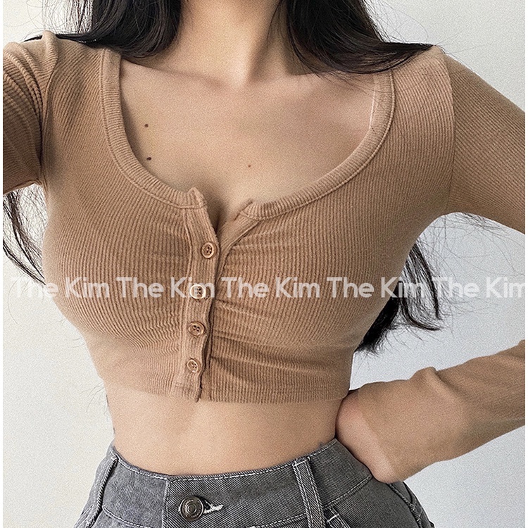 Áo thun tăm tay dài croptop nhún ly cúc ngực , áo dài tay cho nữ cổ tròn dáng ngắn ôm body The Kim AD125