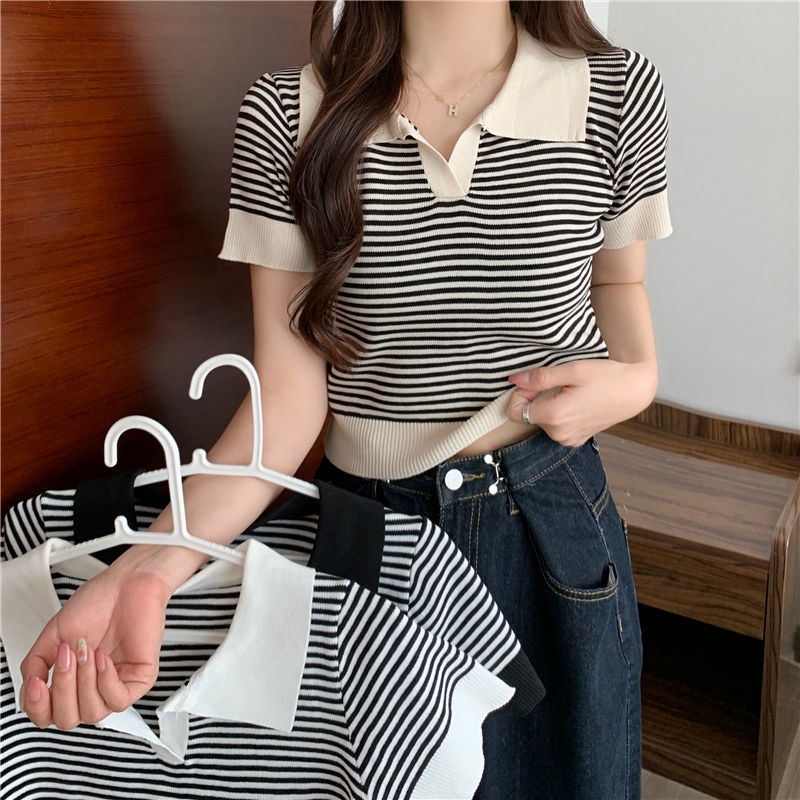 Áo Len Dệt Kim Ngắn Co Giãn Họa Tiết Kẻ Sọc Nhiều Màu Sắc Phong Cách Hàn Quốc Thời Trang Mùa Hè Cho Nữ
