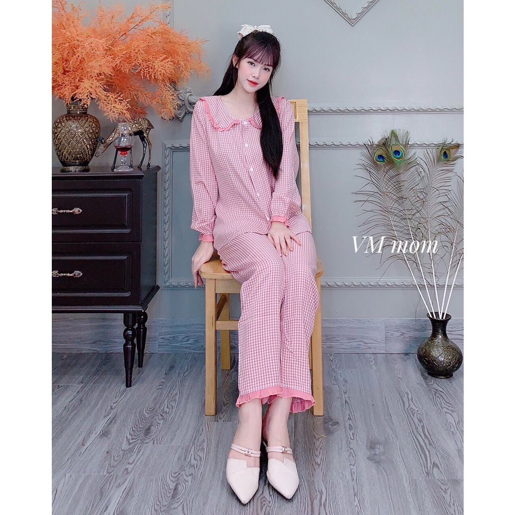 Bộ đồ bầu và sau sinh kẻ cổ ren chất đẹp, có khóa kéo cho bé ti BD194