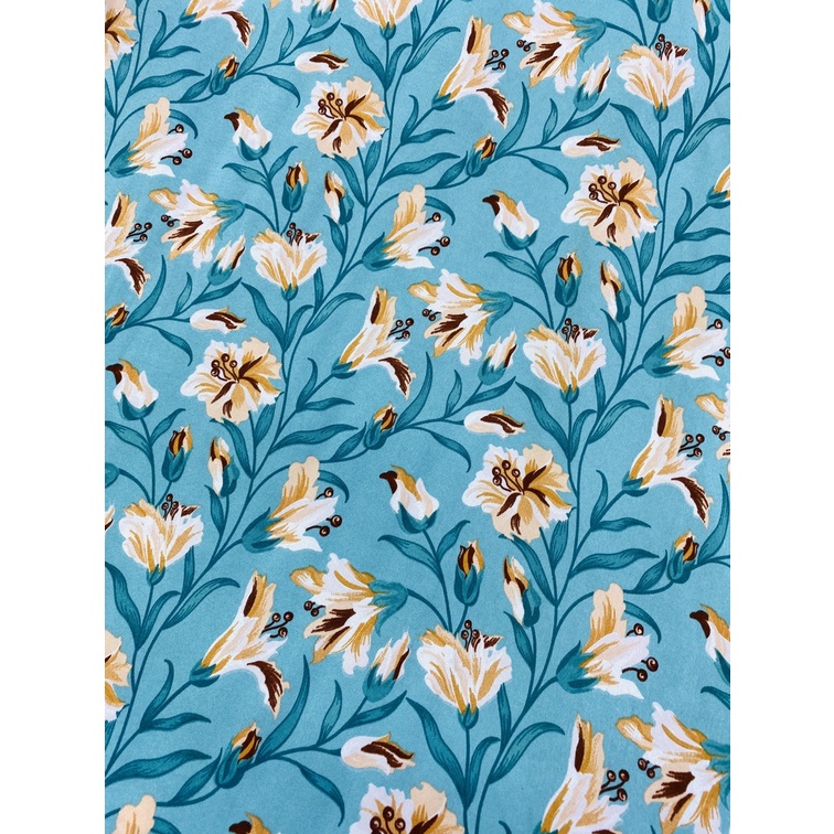 Vải lụa Salsa nền xanh hoa tulip đều may đầm áo kiểu S10666