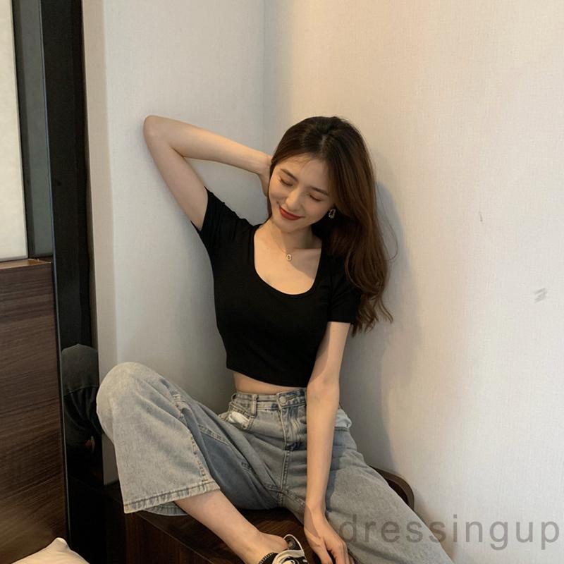 DRE-Women Summer T-shirts, Female U Neck Short Sleeve Solid Color Slim Fit Short T-shirts