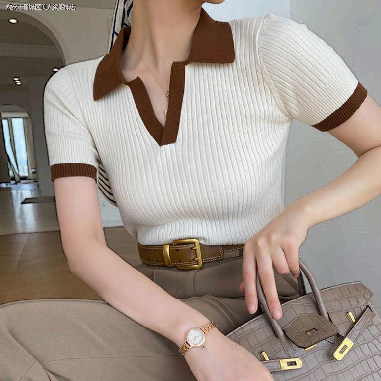 Áo Thun polo Tay Ngắn Cổ Chữ V Màu Sắc Tương Phản Thời Trang Mùa Hè Dành Cho Nữ