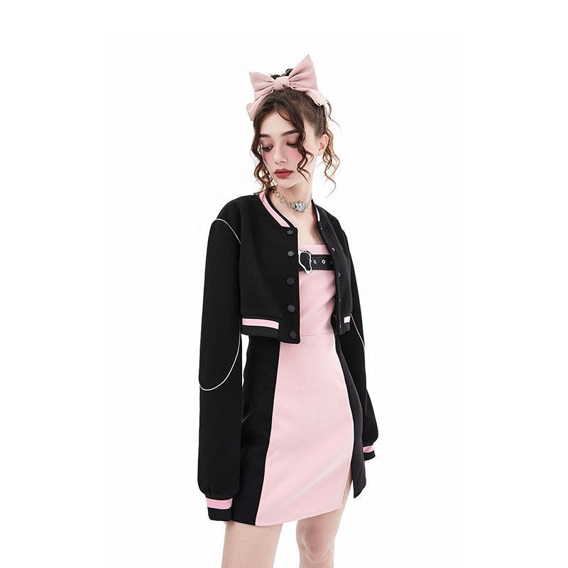 Set Đầm Hai Dây Phối Áo Khoác Màu Sắc Tương Phản Thời Trang Mùa Thu Cho Nữ