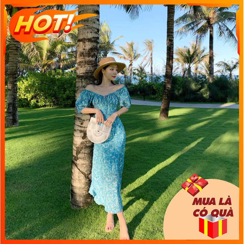 Đầm dài trễ vai hoa xanh cực xinh - Hàng Quảng Châu cao cấp - Ngân Dali