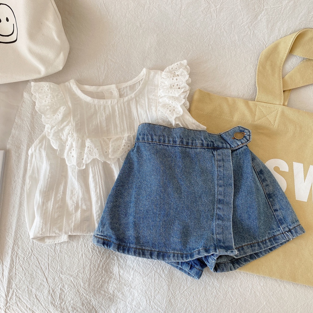 Quần Jeans Ngắn Mùa Hè Dáng Rộng Phong Cách Phương Tây Thời Trang Mới Cho Bé Gái