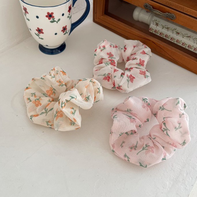 Scrunchies Cột Tóc Vải Lưới LIN Họa Tiết Hoa