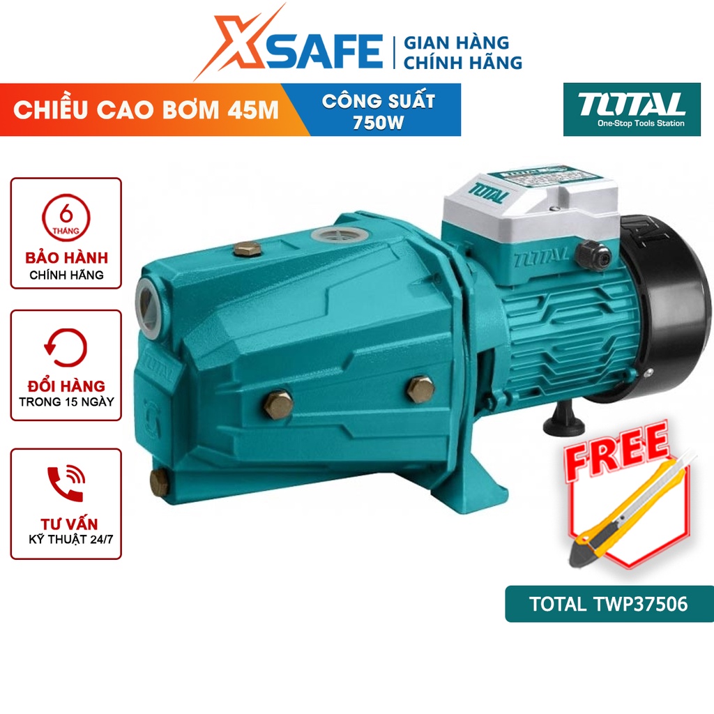 Máy bơm nước TOTAL TWP37506 công suất 750W(1HP), hút sâu tối đa 9m, mô tơ dây đồng, dây cáp dài 0.15m