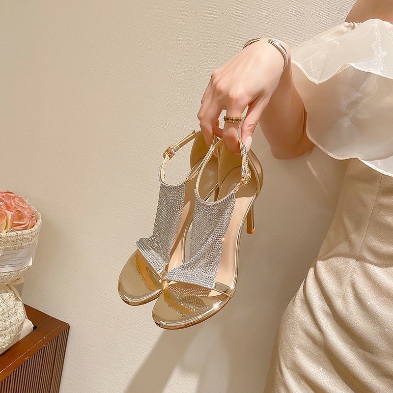 Giày sandal nữ HALEY STORE gót nhọn 9cm quai ngang mảnh đính tấm bảng đá xoàn lấp lánh tiểu thư công chúa tiệc cưới