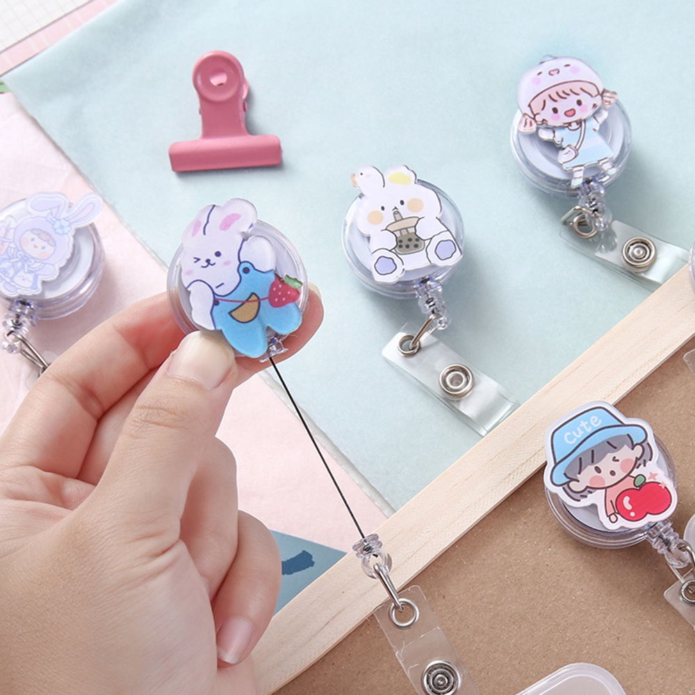 1 Nút kẹp có thể thu gọn dễ kéo co giãn in hoạt hình giữ thẻ kim loại/thẻ học sinh/chứng minh thư/phiếu đi xe buýt