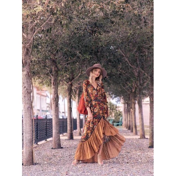 Váy vintage Âu Mỹ thắt eo in hoạ tiết siêu đẹp hàng QC