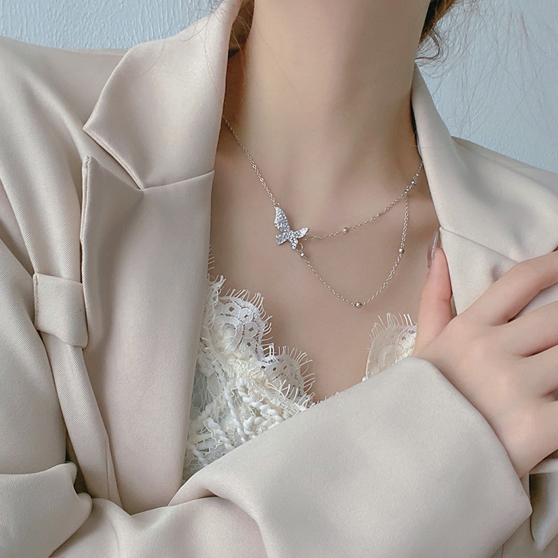 Dây chuyền, Vòng cổ bạc họa tiết bướm 2 lớp dễ thương