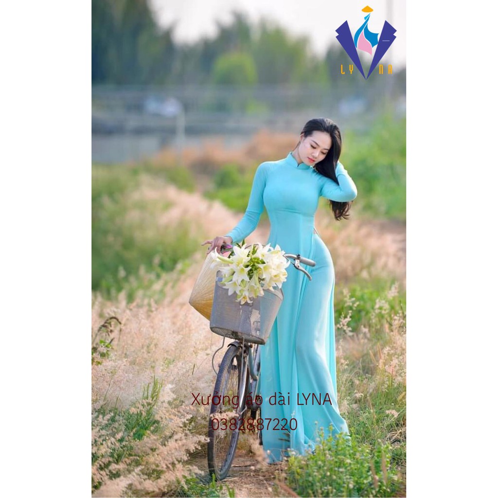 Áo dài truyền thồng lụa Thái màu xanh siêu đẹp mềm mại rủ tà