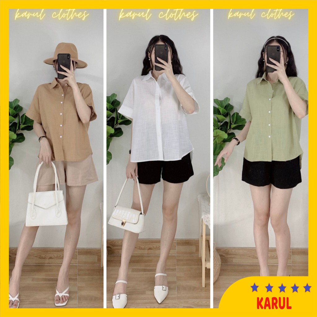 Áo sơ mi nữ cộc tay  cách điệu khuy sau, áo sơ mi nữ chất thô xước 3 màu  trắng , be , cốm | BigBuy360 - bigbuy360.vn