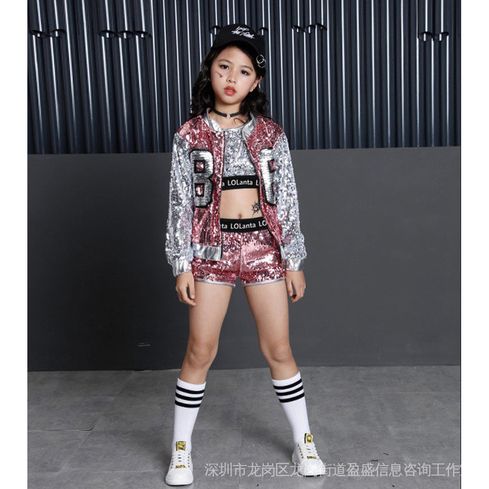 Bộ Áo Croptop 3 Món Lấp Lánh Phong Cách hip hop Cho Bé Gái