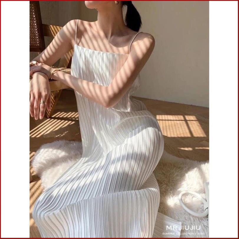 Đầm Maxi Đi Biển COBI Váy Đi Biển Dài Dập Ly Trắng 2 Dây Dễ Thương Freesize Dưới 55kg