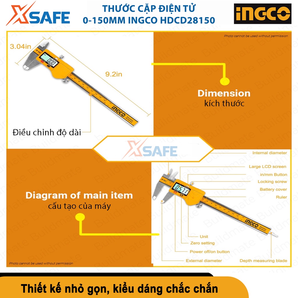 Thước cặp điện tử 0-150mm INGCO HDCD28150 khả năng chuyển đổi hệ mét/inch, phạm vi đo 0-150mm - chính hãng