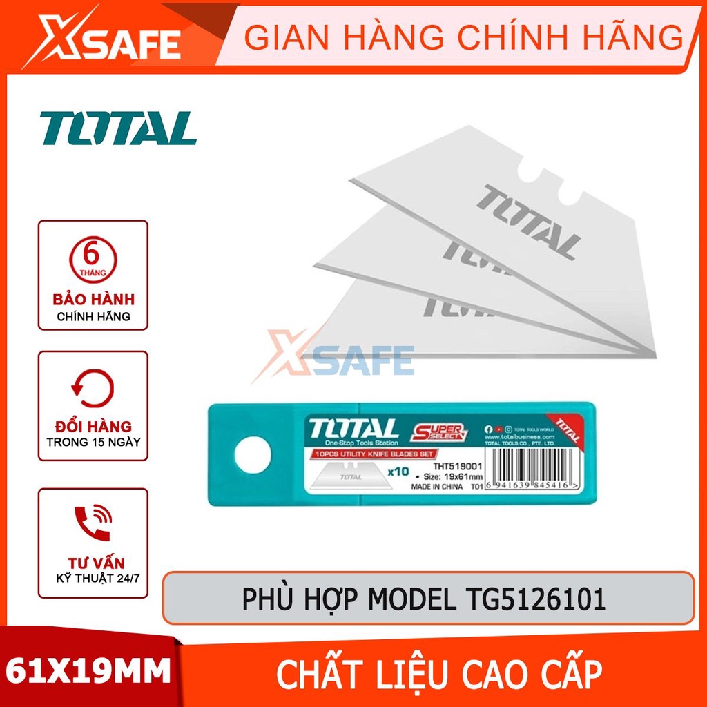 Bộ 10 lưỡi dao rọc giấy siêu bén TOTAL THT519001 61X19mm bền chắc chống gãy cắt bìa caton decal giấy dán tường khắc gỗ
