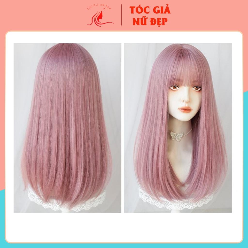 Tóc giả nữ nguyên đầu cúp lửng màu hồng khói siu đẹp, tặng kèm lưới trùm, MS1799