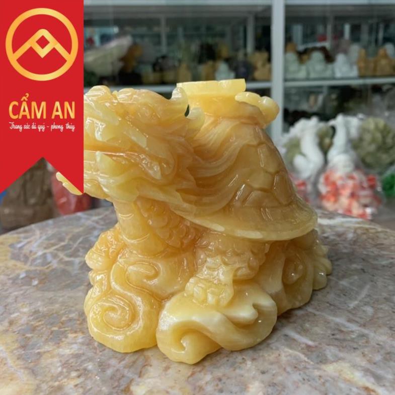 Tượng Long Quy  cõng gậy như ý phong thủy đá ngọc hoàng long Onyx Marble - Dài 15 cm