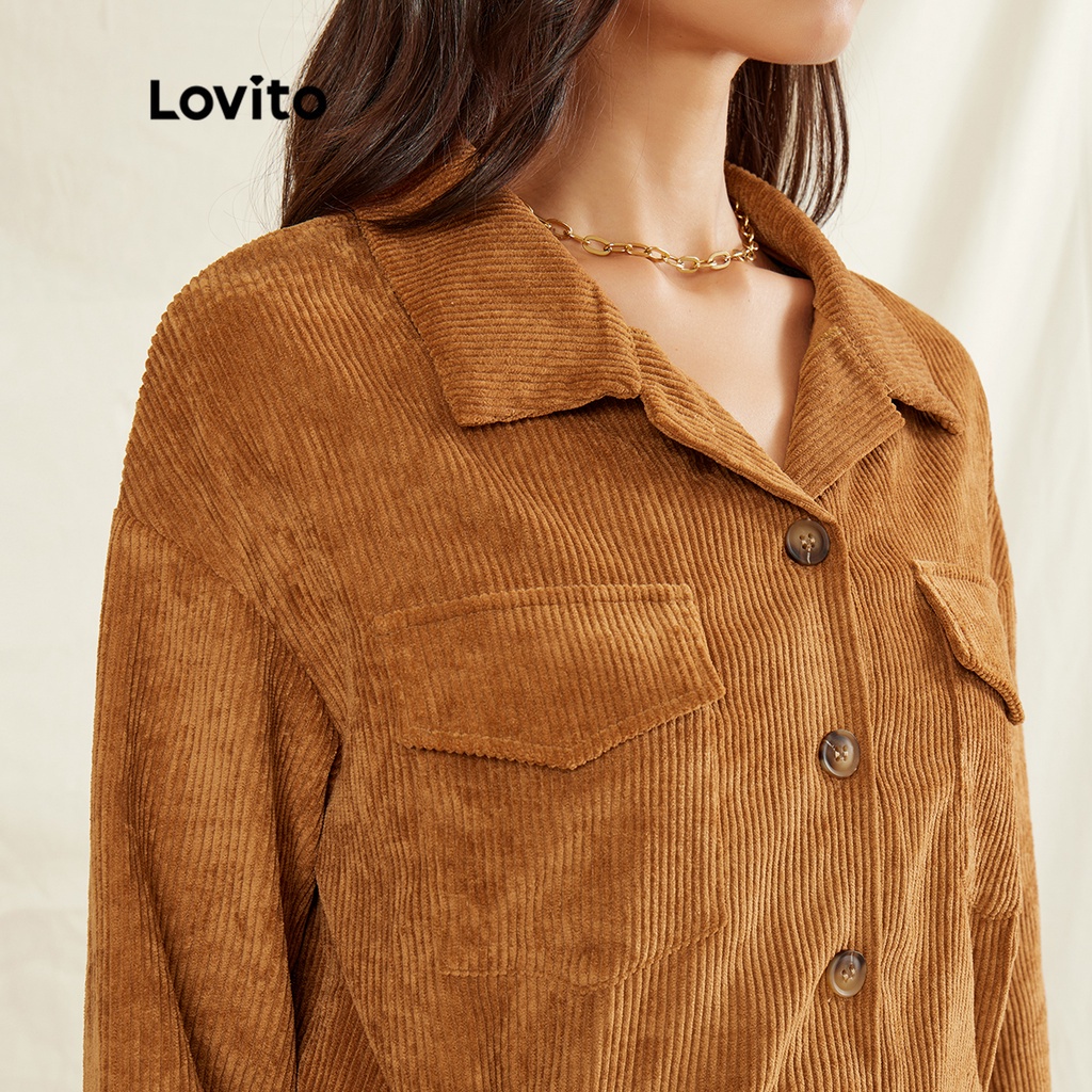 Áo Khoác Lovito Vải Nhung Kẻ Màu Nâu Có Túi Thanh Lịch L31AD030 (Màu nâu)