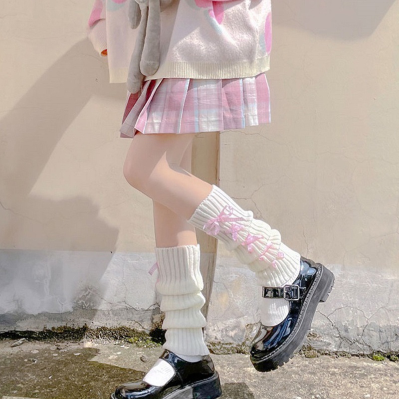 Cặp ống bao chân dệt kim có gân thun trang trí ruy băng thắt nơ đan chéo phong cách lolita nhật bản thời trang cho nữ